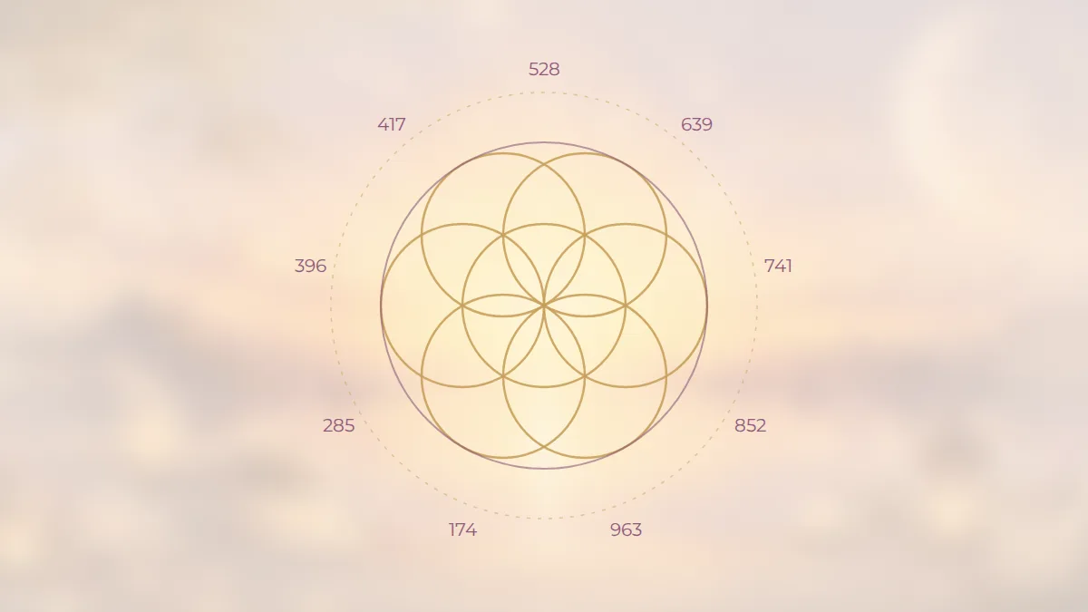 A flower-of-life pattern surrounded by the nine solfeggio frequencies